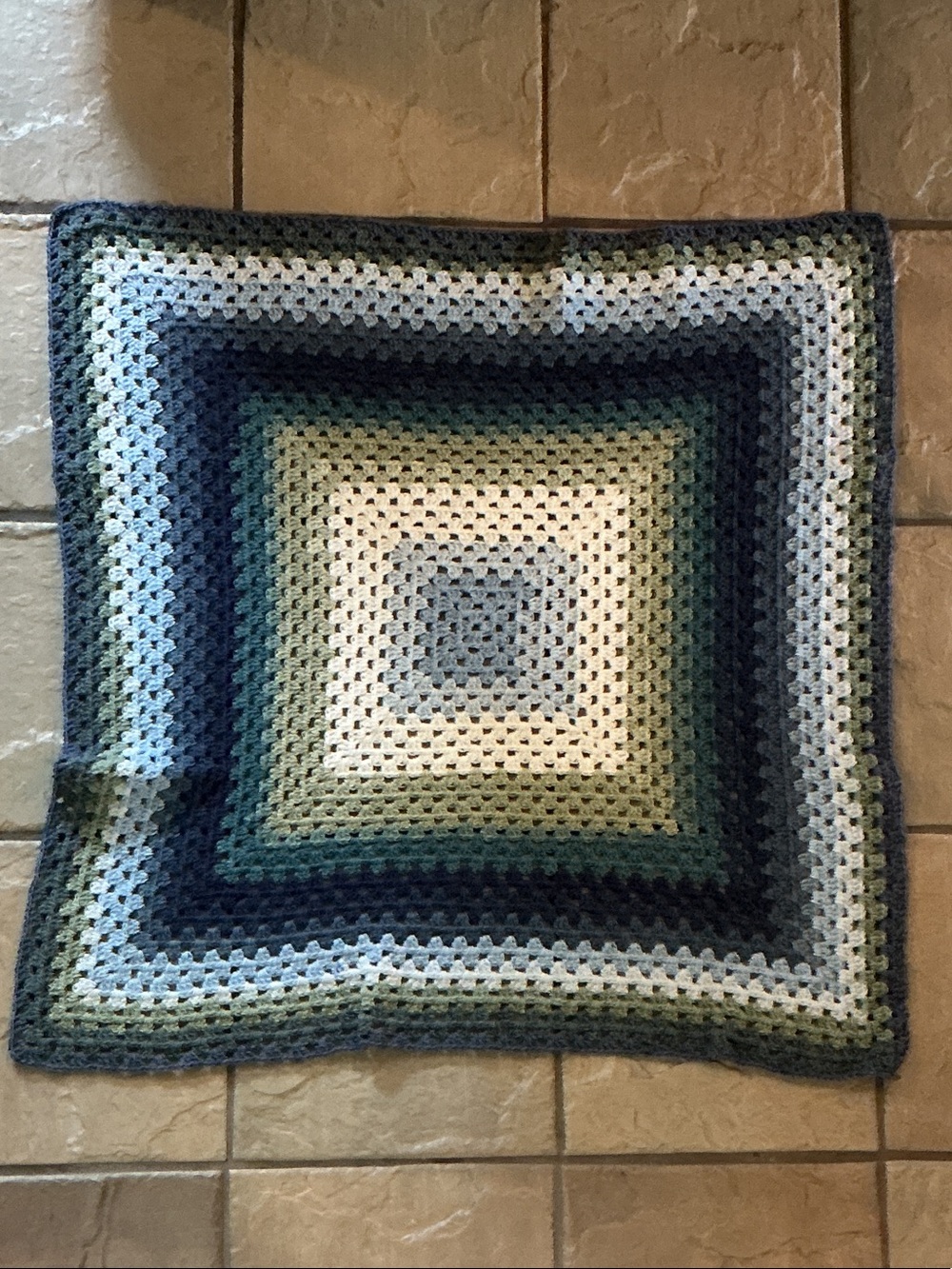 Handmade Granny Square Crochet Blanket in Blue and Cream Tones